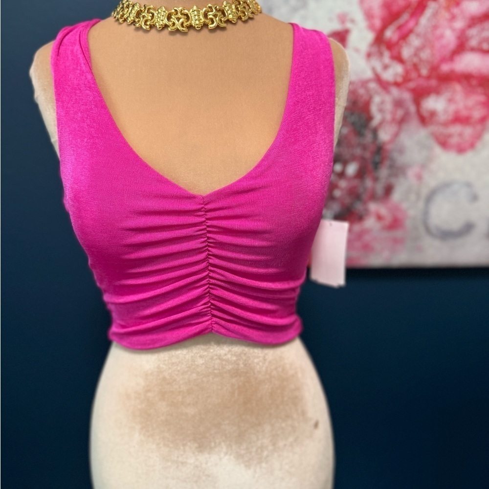 Naked Wardrobe Cropped Metallic Pink Ruched Sleeveless Top M.